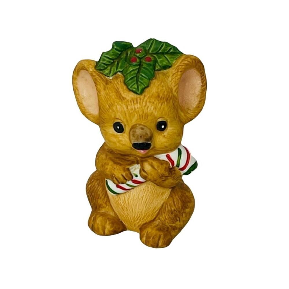 Lefton Ceramic Christmas Koala Bear holding Striped Candy Cane 3" tall